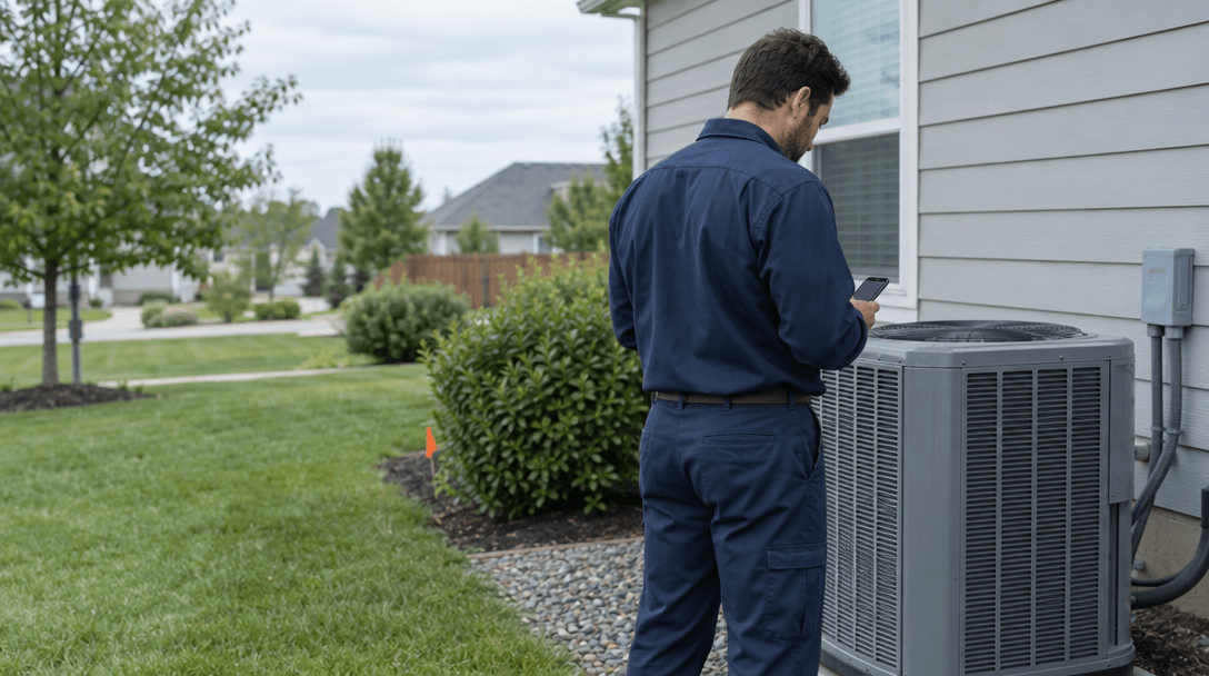 An HVAC technician checks a phone beside a service van at a home